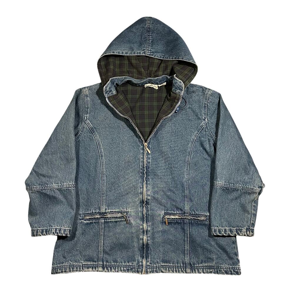 Vintage 90s North Style Denim Jacket Women’s Large Coat Flannel Lined Hooded